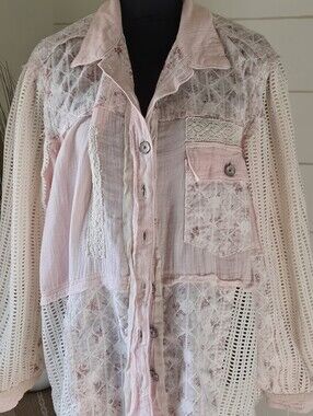 POL S Pink Crochet Floral Lace Patch Western Boho Oversized Button Shirt Shacket